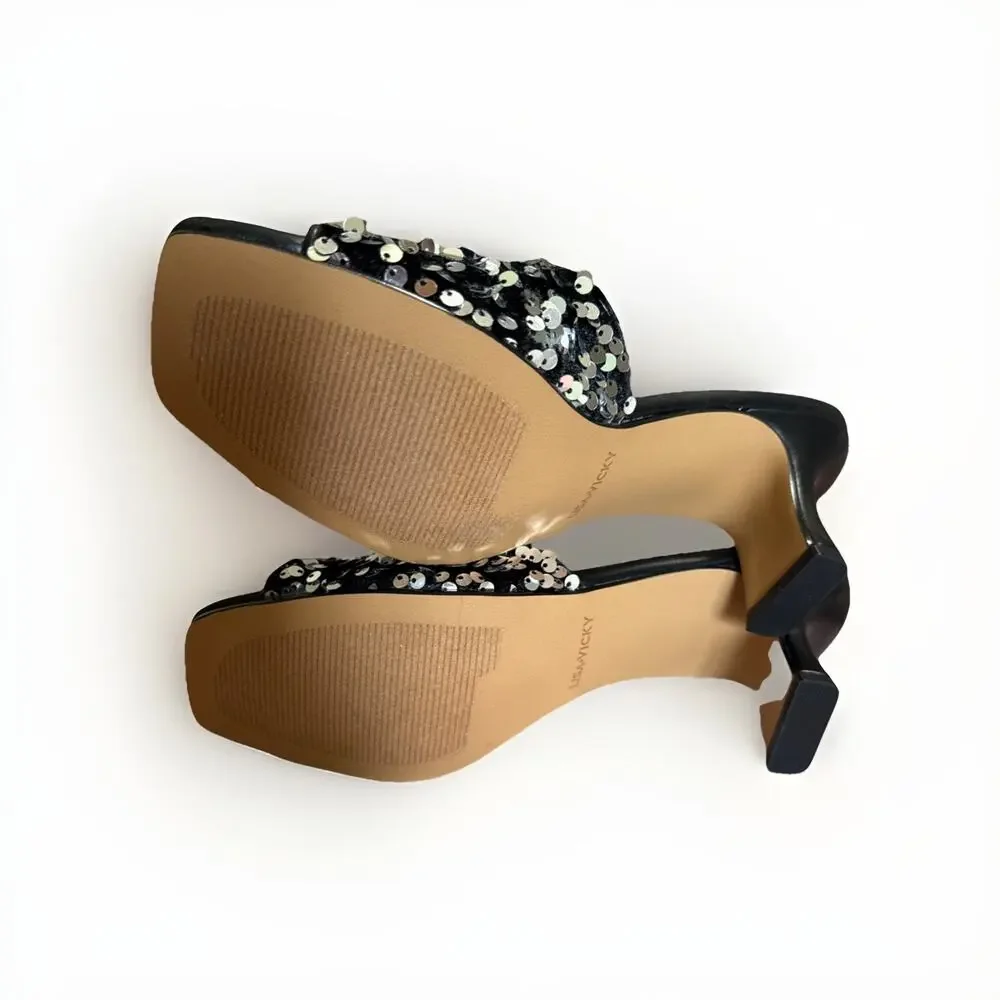 Lisa Vicky Pretty-V Black Slide Sandal Platinum Black Sequins Size 7 Heels - Picture 8 of 9